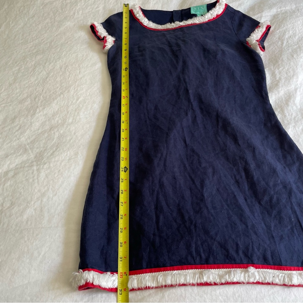 Sail to Sable 100% Linen Navy Blue Red White Fringe Trim Mini Shift Dress 4 - Picture 13 of 13